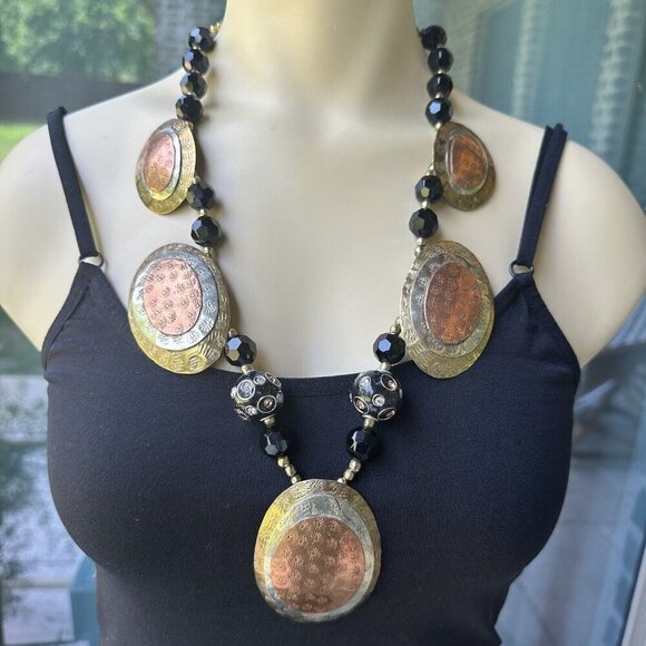 Vintage Brass Copper‎ Silver Tone Avant Garde Bib Necklace Pressed Etched 24" - Picture 1 of 11